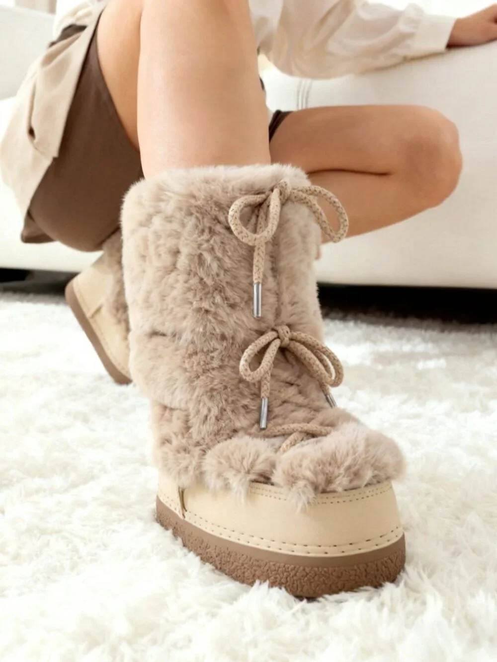 Apricot Cute Women's Lace-Up Fuzzy Fluffy Round Toe Platform Slip On Snow Boots